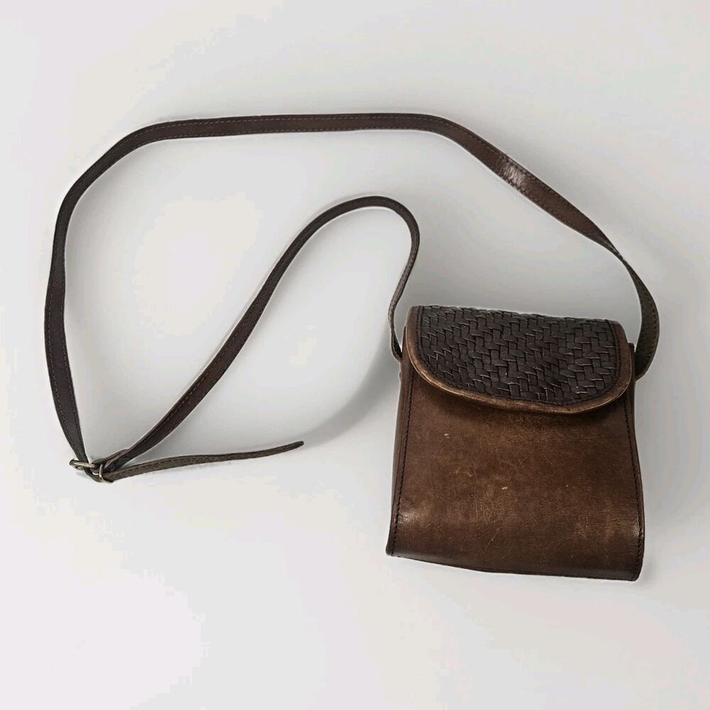 1970s Brown Leather Crossbody Purse Basket Weave Opening Boho Woven Bag Western